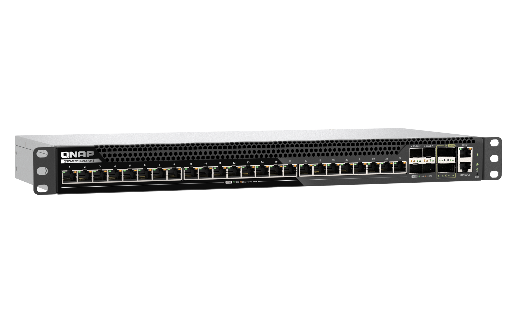 QNAP - 30 Port 10GbE/25GbE/100GbE L3 Lite Managed Rackmount Switch mit 10GbE T-BASE, 25GbE SFP28 und 100GbE QSFP28 Konnektivität - QSW-M7230-2X4F24T