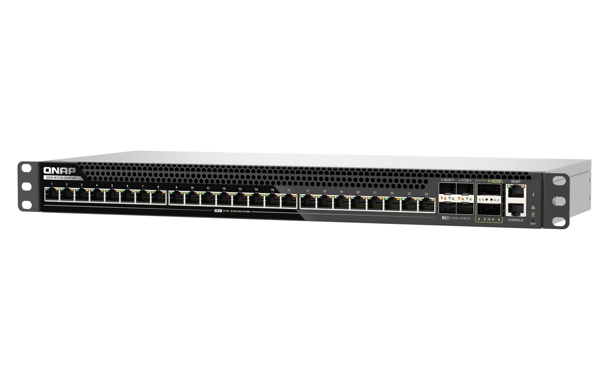 QNAP - 30 Port 10GbE/25GbE/100GbE L3 Lite Managed Rackmount Switch mit 10GbE T-BASE, 25GbE SFP28 und 100GbE QSFP28 Konnektivität - QSW-M7230-2X4F24T