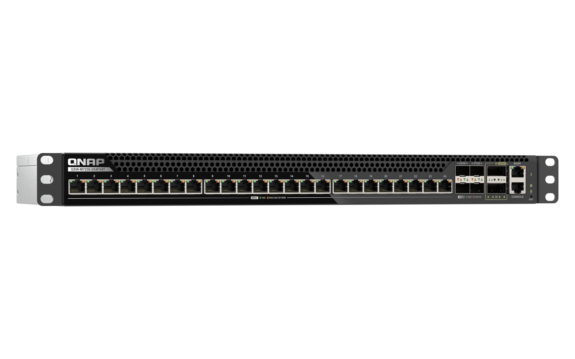 QNAP - 30 Port 10GbE/25GbE/100GbE L3 Lite Managed Rackmount Switch mit 10GbE T-BASE, 25GbE SFP28 und 100GbE QSFP28 Konnektivität - QSW-M7230-2X4F24T