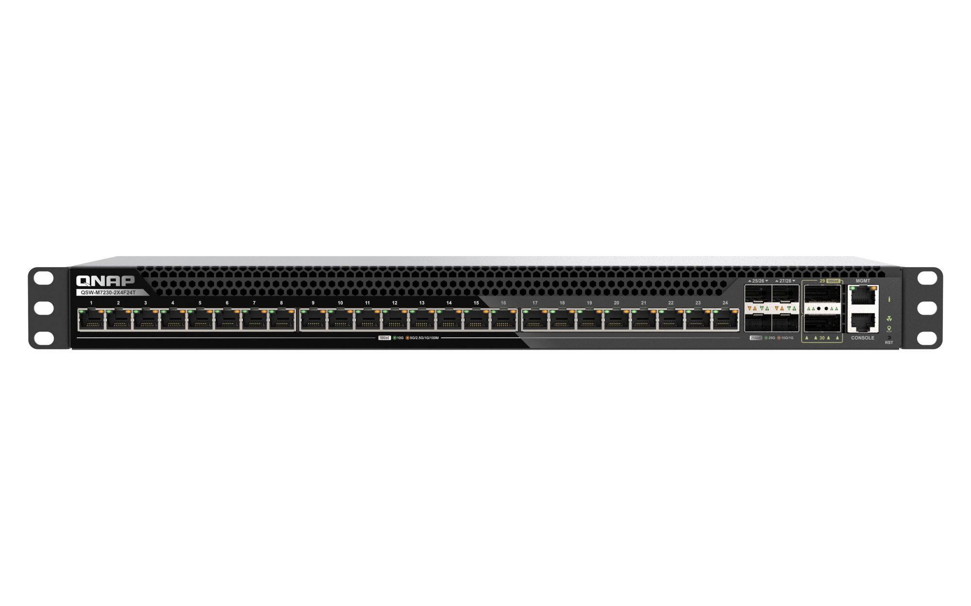 QNAP - 30 Port 10GbE/25GbE/100GbE L3 Lite Managed Rackmount Switch mit 10GbE T-BASE, 25GbE SFP28 und 100GbE QSFP28 Konnektivität - QSW-M7230-2X4F24T