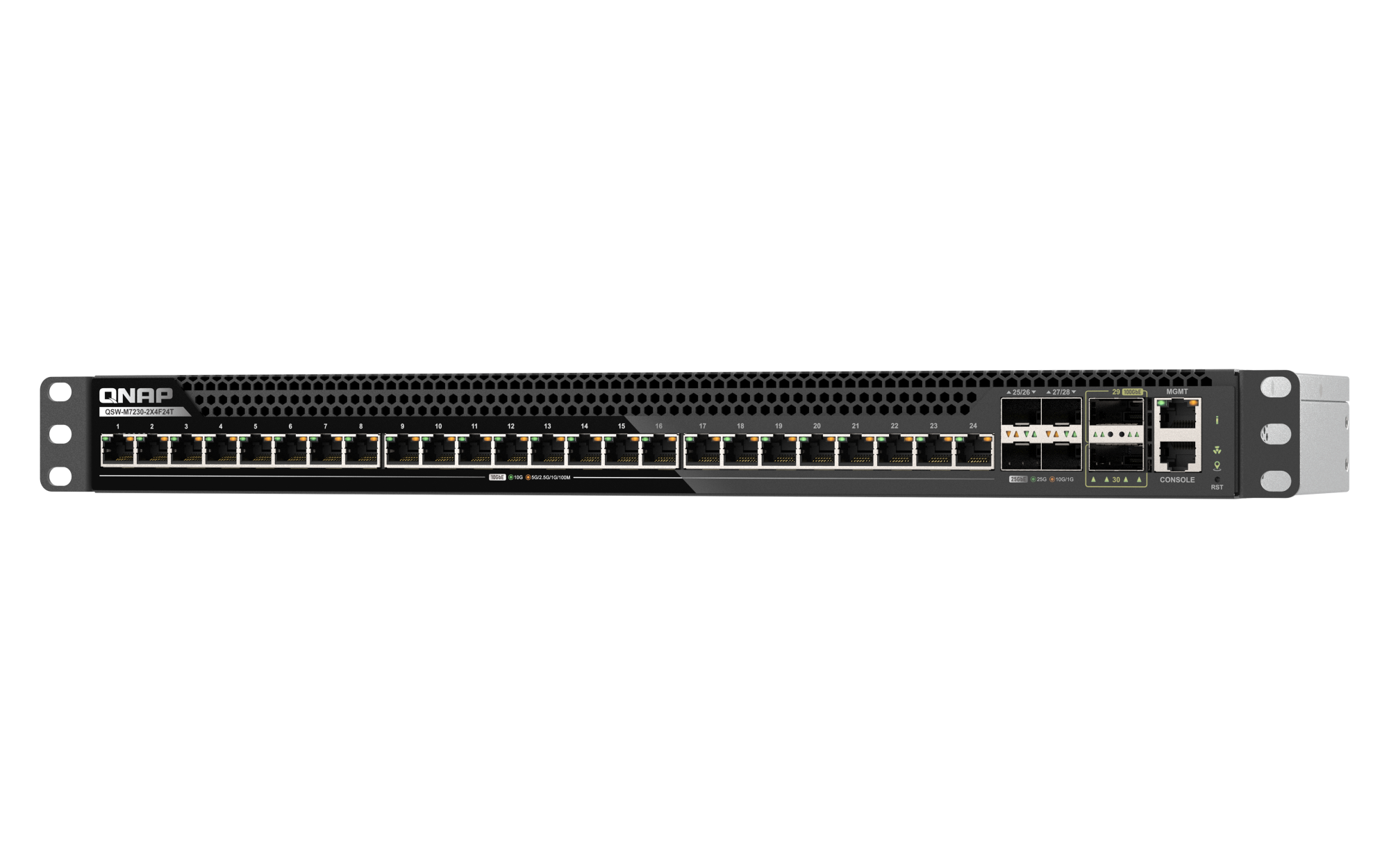 QNAP - 30 Port 10GbE/25GbE/100GbE L3 Lite Managed Rackmount Switch mit 10GbE T-BASE, 25GbE SFP28 und 100GbE QSFP28 Konnektivität - QSW-M7230-2X4F24T